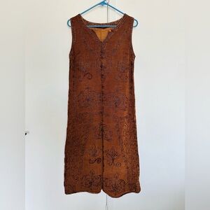 Vintage Dress Maxi Embroidered Brown Casual Size M